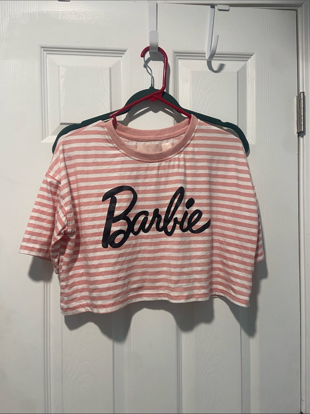 Missguided Pink and White Striped Barbie Logo Crop Top